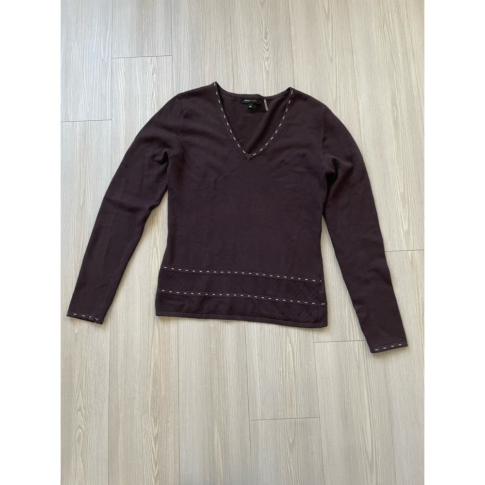 BCBGMAXAZRIA Espresso Brown Long Sleeve Top With Embroidered Details on Trim